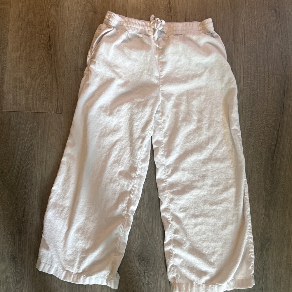 Caslon Womens White Linen Blend Wide Leg Drawstring Pants Small